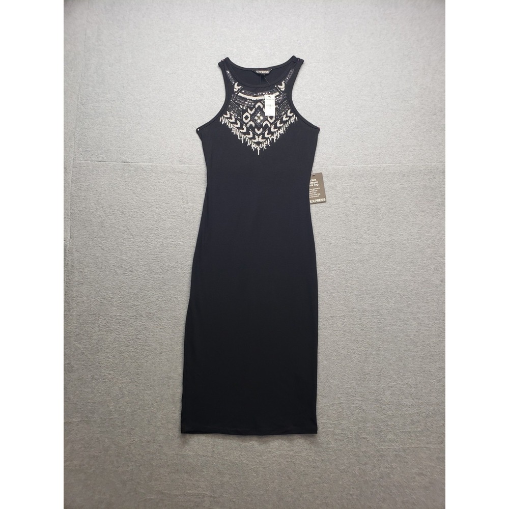 Express Women Midi Dress S Black Sequin Embellished Sleeveless Round Neck Party